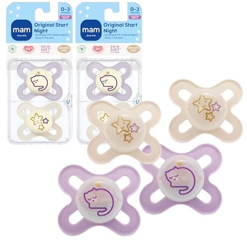 MAM Original Start Night Baby Pacifiers, Binky for 0-3 Months, BPA-Free Silicone Nipple, Easy to Clean, Best for Newborn Babies, Developed with Medical Experts, 4 Count Binkies with Sterilizer Case