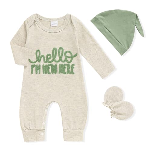 GRNSHTS Newborn Baby Boy Romper Coming Home Outfits Letter Print Bodysuit Jumpsuit+Hat+Gloves 3PCS Clothes Set