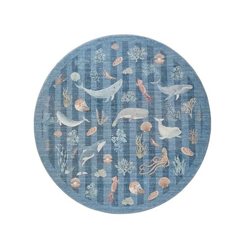 Whales Themed Soft Washable Faux Wool Stain Resistant Rug Rubber Non-Slip Backing for Playroom Bathroom Living Room Bedroom Bedside Beachy Cute Coastal Nautical Nursery Rug (Marine, 5' Round)