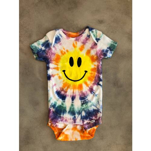 HAPPY Face Tie Dye Baby Bodysuit | Rainbow Smiley Cotton Romper