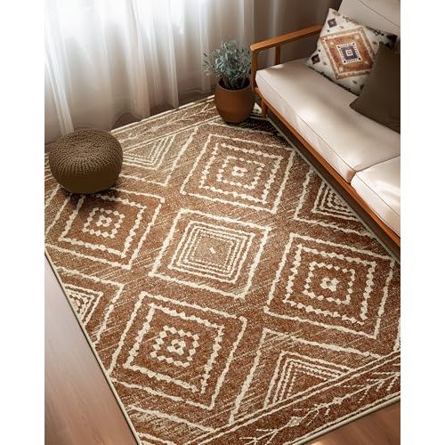 Area Rug 5x7 Rug Machine Washable Non-Slip Low Pile Print Pattern Western Rug for Living Room Bedroom Entryway Tribal Series -Yellowbrown/Cream