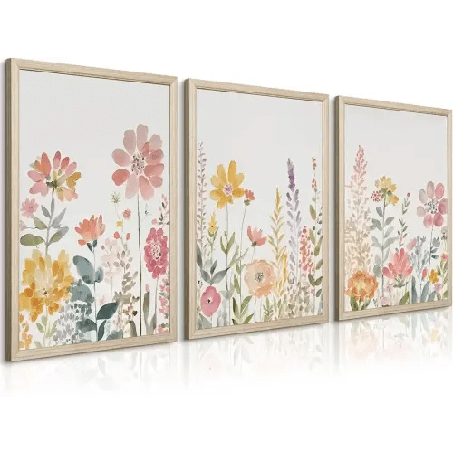 Watercolor Wildflower Wall Art Decor Colorful Flower Pictures Canvas Floral Botanical Wall Art Vintage Prints Poster Floral Painting Artwork for Living Room Bedroom 16x24 Inch Framed Set of 3