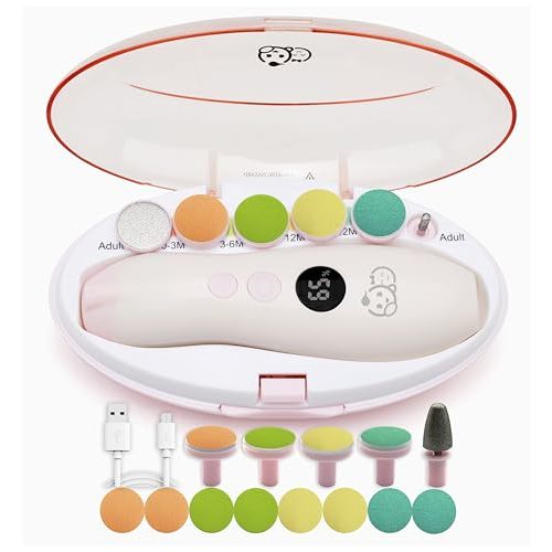 Royal Angels Rechargeable 22 in 1 Baby Nail Trimmer with LCD Display, Labeled Case, 13 Extra Pads, Safe Quiet LED Light Electric Baby Nail File Kit for Newborns Toddlers (WhitePink)