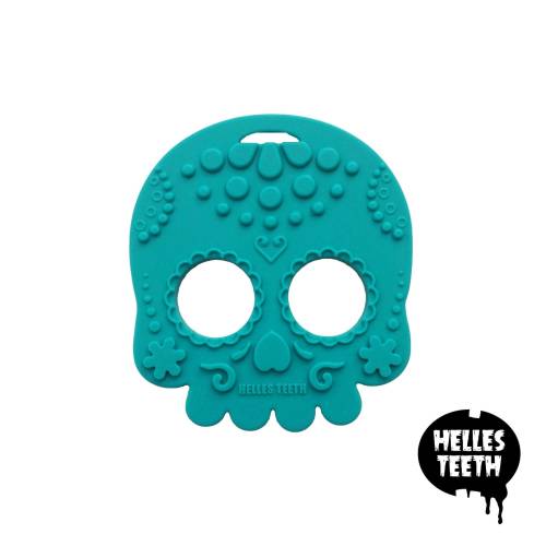 Teal Sugar Skull Baby Teether: Non-Toxic Silicone Teething Toy