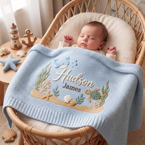 Personalized Embroidered Ocean Baby Blanket, Custom Name Knitted  Whale Turtle Baby Shower Gift, Welcome Baby Blanket, Keepsake Newborn