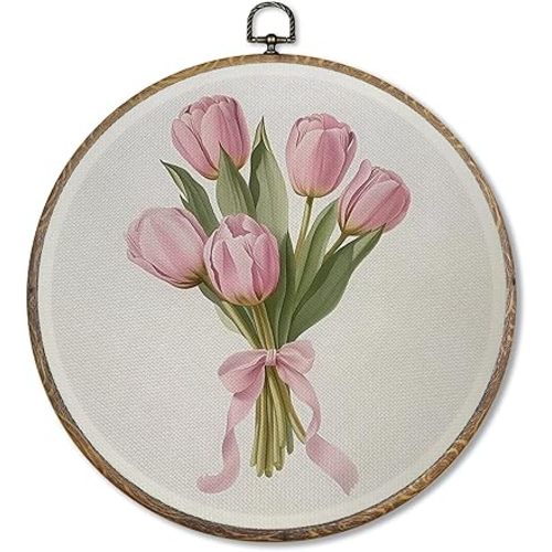 FUGWN Coquette wall decor Pink Tulip Floral Round Wall Art Decor Framed, Pink Bow Tulip Flower Bouquet Canvas Artwork Prints, Floral Wall Hanging Decorations for Girly Bedroom Room Home, 10x10 Inch