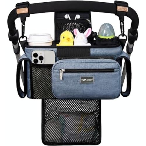 TOPDesign Universal Baby Stroller Organizer, Stroller Caddy with Detachable Mesh Bag & Heightened Insulated Cup Holders & Non-Slip Secure Hooks Accessories, Fits Most Strollers (Blue)