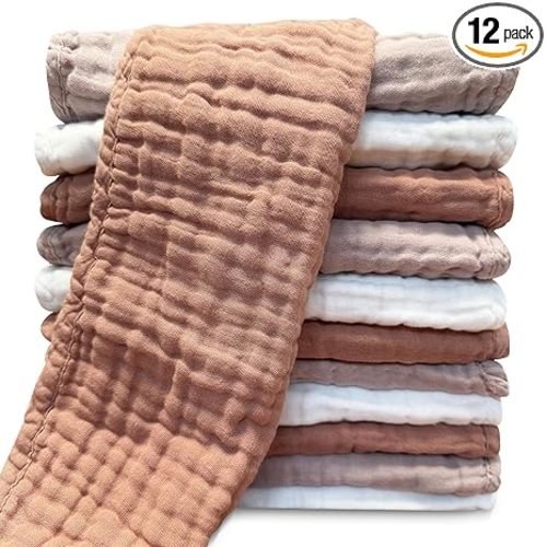 Muslin Burp Cloths for Baby 100% Cotton Burping Cloths for Unisex, Boy, Girl - Large 20'' by 10'' Newborn Essentials Ultra Soft Absorbent Milk Spit Up Rags - 12 Pack - White+Light Bean Paste Series