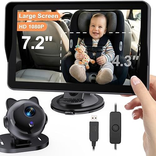 Yakry HD Baby Camera for Car 7.2-Inch: 3X Larger View, 5-Min USB Easy to Install, 1080P Auto Night Vision - 150° Wide Angle Car Seat Camera Full Backseat View for Kid & Infant Safety (Ages 0-5)