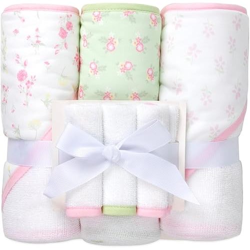 Jessica Simpson Baby 6-Piece Hooded Towel & Washcloth Set – Soft Polyester Baby Bath Towels – Pink & Green Floral Design
