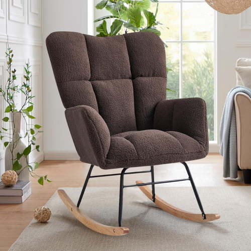 Rocking Chair Nursery, High Backrest Teddy Glider Rocker Upholstered Rocker Recliner Modern Rocking Accent Chairs for Bedroom, Living Room, Offices (Pink)