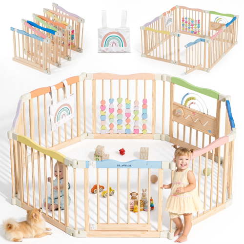 Buballino 8-Panel Kids Playpen Set,100% Solid Pine Wood, Indoor & Outdoor Baby Play Yard