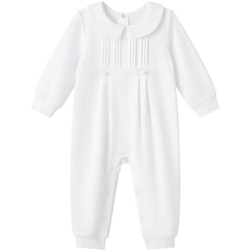 pureborn Unisex Baby Jumpsuit Infant Boys Girls Cotton Spring Fall Romper One-Piece Coverall Baptism Outfit White 0-24 Months
