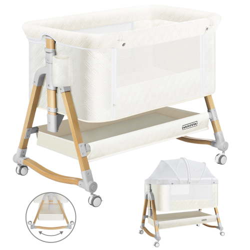 HARPPA 3-in-1 Baby Bassinet, Bedside Sleeper, Adjustable Height, Rolling Wheels, White