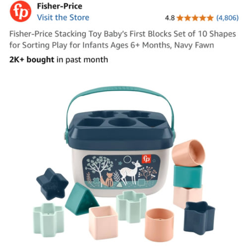 Fisher-Price Stacking Toy Baby’s First Blocks Set of 10 Shapes for Sorting Play for Infants Ages 6+ Months, Navy Fawn​