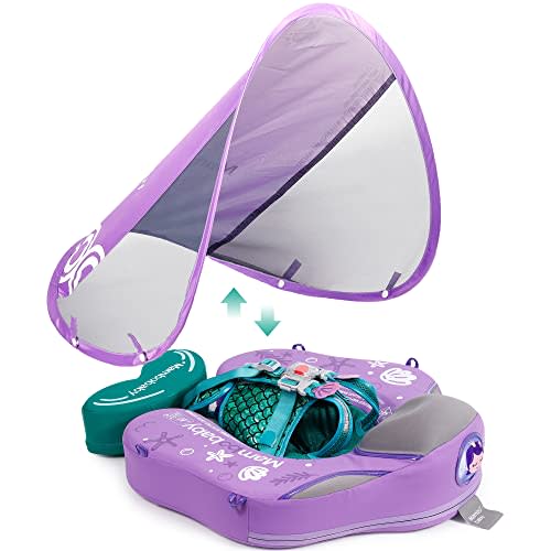 Mambobaby Baby Float with Canopy & Add Tail – Non-Inflatable Swim Trainer for Infant Waist, Upgraded Adjustable Safety Strap, Portable Pool Floats Toy for Toddler (Purple Mermaid)