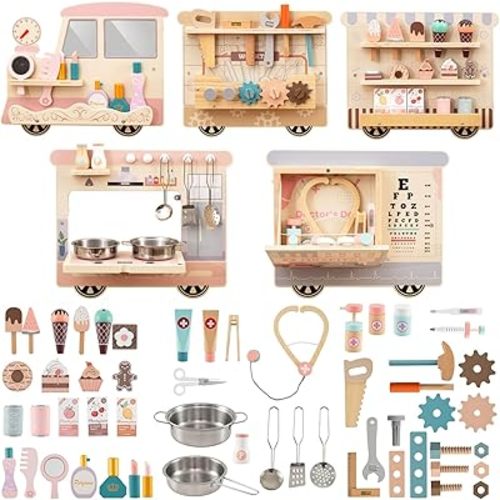 Costzon Train Activity Wall Busy Board, Sensory Wall Panel for Kids w/ Vanity, Tool Box, Play Kitchen, Doctor Kit & Snack Bar, Toddler Montessori Learning Toy for Playroom, Daycare, Nursery, Classroom