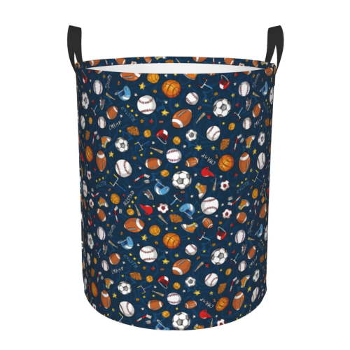 Rateoe Ball Sports Pattern Round Laundry Hamper Basket, Tall Hamper Basket for Blanket Storage, Nursery Clothes Hamper for Laundry in Bedroom and College Dorm-Medium