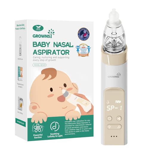 GROWNSY Nasal Aspirator for Baby, Electric Baby Nose Sucker, Automatic Nose Cleaner with Larger Suction Chamber and More Powerful Suction, Music and Light Soothing Function, Beige