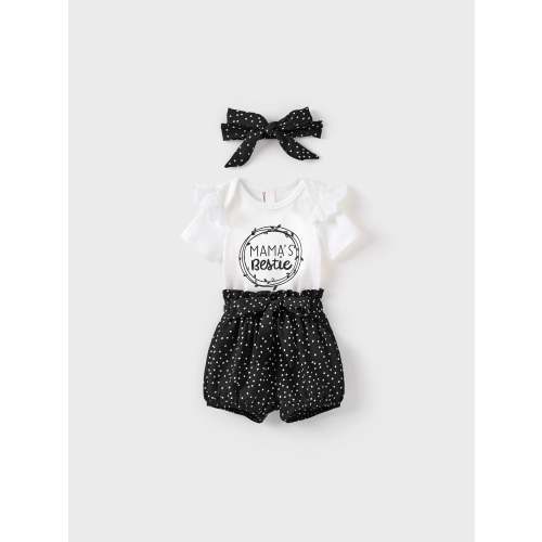3-Piece Baby Girl Letter Print Romper and Polka dots Shorts and Headband Set Black