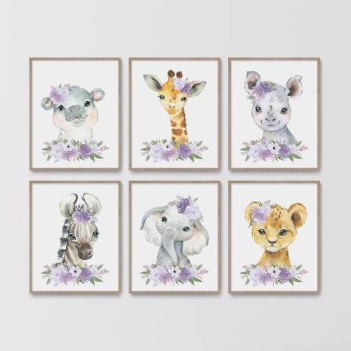 Safari Nursery Decor, Set of 6 Watercolor Animals, Baby Girl  Nursery Wall Art, Purple Lavender Lilac Flowers, Giraffe Elephant Zebra Lion