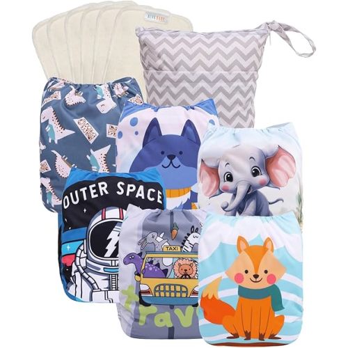 ALVABABY 2.0 AWJ Lining Cloth Diaper With Tummy Panel for Babies 6 Packs Diapers With 6 Inserts with One Wet Dry Bag Adjustable Washable Reusable for Baby Girls And Boys 6WJT03A-L-CA