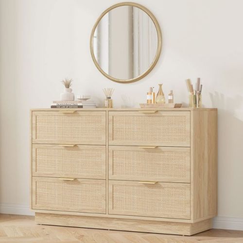 Rattan 6 Drawer Dresser, 47in Wide Natural Oak 6 Chest of Drawers with Metal Handles and Wooden Sturdy Base for Bedroom Living Room Nursery