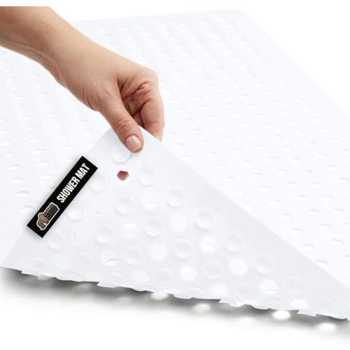 GORILLA GRIP Patented Bath Tub Shower Mat, Machine Washable Bathtub Floor Liner Mats, Suction Cups and Drain Holes to Keep Tubs Clean, Soft on Feet, Bathroom Essentials, 35x16 Inch, White