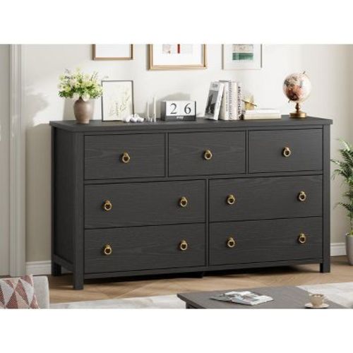 7 Drawer Dresser for Bedroom, 54'' Wide Dresser, Chest of Drawers, Wooden Dresser Chest with Clothes Storage Cabinet, Drawer Organizer, Black