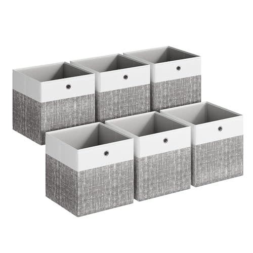 SONGMICS Storage Cubes, Set of 6 Foldable Organizer Boxes with Handles | Fabric Boxes, 13 x 13 x 13 Inches, Odorless, for Closet Shelves, Cloud White and Cattail Gray, TINA Collection URFB433GM02