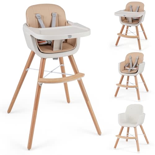 BABY JOY Baby High Chair, 3-in-1 Convertible Wooden Highchair for Babies & Toddlers, Infant Feeding Chair w/ 5-Point Safety Harness, Footrest, Adjustable Legs, Removable Tray & PU Cushion (Brown)