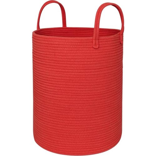Red Woven Laundry Basket, 15"x18" Large Cotton Rope Storage Basket for Blankets Toys, Decorative Baby Nursery Clothes Hamper for Living Room Bedroom, Kids Tall Laundry Hamper, Red Room Decor