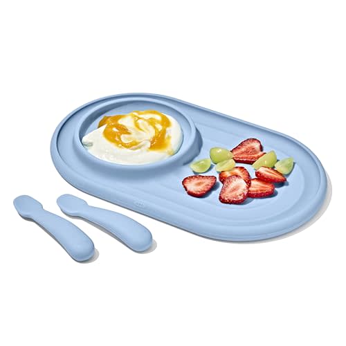 OXO Tot Textured Suction Plate & Spoons Set – 3-Piece – Dusk