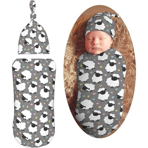 Cute Sheep Lambs Newborn Swaddle Blankets Hat Sets Soft Baby Receiving Blanket Swaddle Sack for Baby Shower Infant Boy Girl Gift
