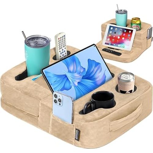 Couch Cup Holder Tray Pillow - Bed, Couch Caddy, Sofa, RV & Car - Holds Drinks, Snacks, Remotes, Phones, Kindle, Tablet | Bed Cup Holder (Beige)