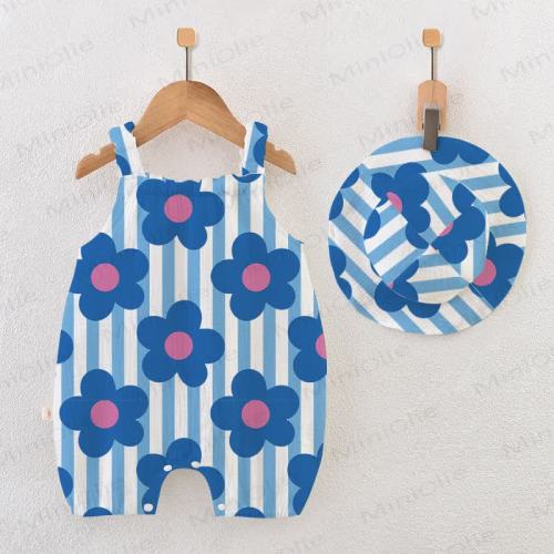 Baby Blue Flower Striped Romper with Hat