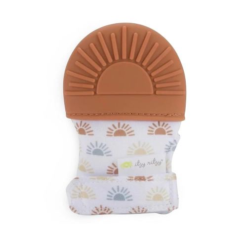 Itzy Ritzy Silicone Teething Mitt - Soothing Infant Teething Mitten with Adjustable Strap, Crinkle Sound & Textured Silicone to Soothe Sore & Swollen Gums - for Ages 3 Months & Up (Terracotta Sun)