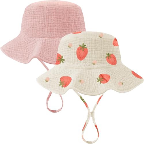 2 Pack Muslin Baby Sun Hat UPF 50+ Sun Protection Baby Bucket Hat with Wide Brim Beach Hats for Boys Girls