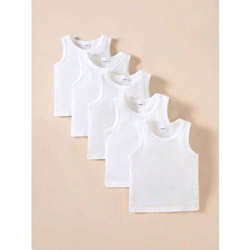 SHEIN Playful Pals 5pcs/Set Baby Boys' Casual White Knitted Sleeveless Vest Tops, Suitable As Undershirt, For Outdoors, Daily Casual Wear, Travel, 6 Months To 3 Years Old, Suitable For Spring/Summer, Easy Comfort, Casual Wear SS, Family Outing Season, Che