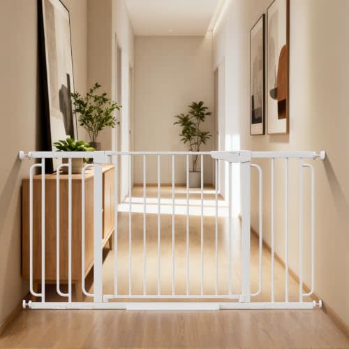 Cumbor 36.6-59" Extra Wide Baby Gate for Stairs, Auto Close Dog Gate White | Double Lock Safety for Doorways, One-Hand Open with 2-Way Swing, Child Gate for Toddler & Pets, Pressure or Hardware Mounted
