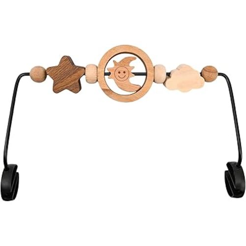 Natural Wooden Activity Toy Bar for Baby Bjorn Bouncer, 360° Rotating Smiling Moon Hanging Toys for Infant Car Seat & Stroller, Sensory Development Toy 0-12 Months