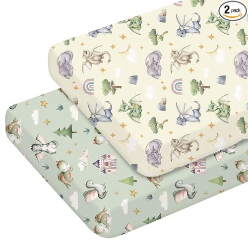 Mindsoft 2 Pcs Watercolor Dragon Crib Sheet Set 52 x 28 x 8 Inches Baby Sheet Newborn Bedding Nursery Crib Sheets for Girl Boys Baby Gifts for Toddler Mattresses