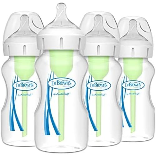 Dr. Brown’s Natural Flow Anti-Colic Options+ Wide-Neck Baby Bottles 9 oz/270 mL, with Level 1 Slow Flow Nipple, 4 Pack, 0m+