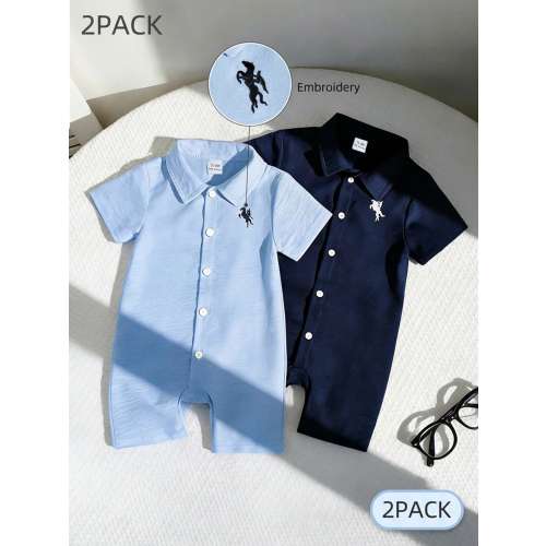 SHEIN Playful Pals 2pcs Baby Boy Navy Blue Summer Casual Family Matching Rompers Set Solid Color Textured Polo Collar Short Sleeve Embroidered Animal Romper