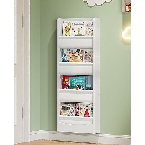 CHOEZON Wall Mounted Kids Bookshelf, 4 Tier Fabric Book Shelf for Kids Rooms, Bookshelf Organizer for Nursery, Classroom, Door Behind, Holds Books, Toys, White MCW40WB