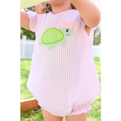 Girls Pink Seersucker Turtle Applique Bubble