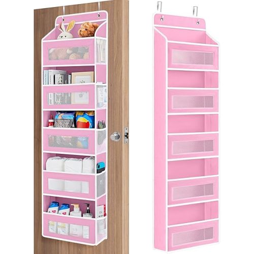 JARLINK Over The Door Organizer Storage, 5 Shelf Hanging Door Organizer with 5 Large Capacity Pockets, Anti Tilt 44 lb Load Behind Door Storage for Bedroom, Bathroom, Pantry, Nursery, (Pink)