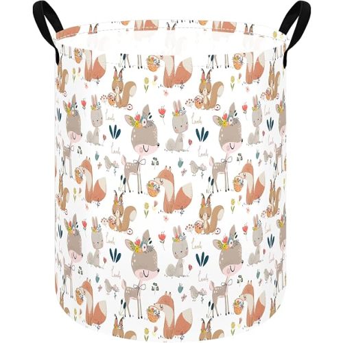 Woodland Animal Storage Basket for Girls Room, Round Laundry Hamper with Handles, Forest Floral Toy and Clothes Organizer Bin for Kids Bedroom, Nursery, Dorm,Gifts and Home Decor