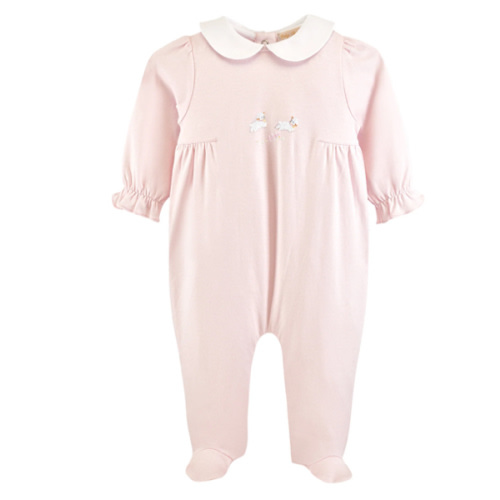 Pink Pima Cotton Embroidered Lamb Footie with Peter Pan Collar | Gardenia Home