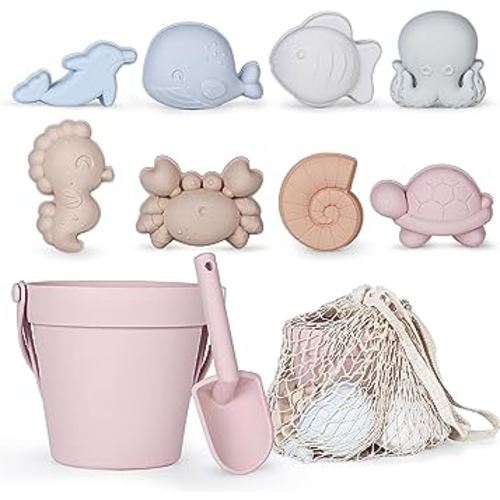 MarcZero 11Pcs Silicone Beach Toys,Modern Baby Beach Toys,Travel Friendly Beach Set,Silicone Bucket, Shovel, 8 Sand Molds, Beach Bag,Silicone Sand Toys for Toddlers, Kids (Pink)